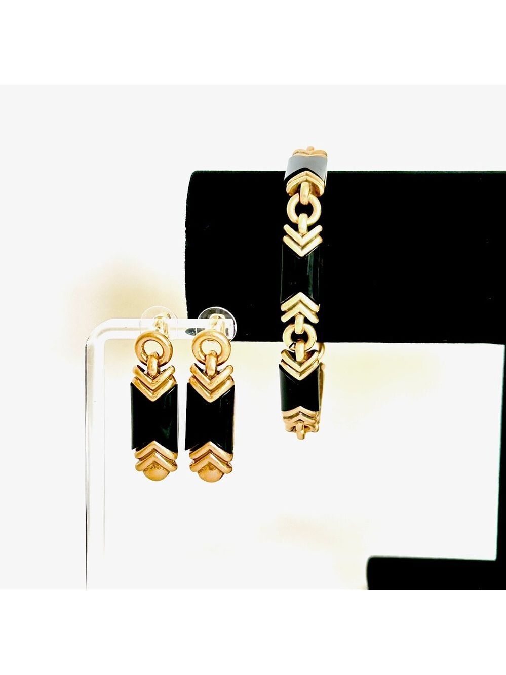Neiman Marcus Art Deco Black and Gold Earrings NWT - Picture 5 of 6